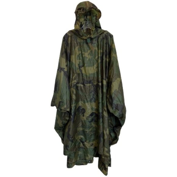 80's Vintage US Military Woodland Camouflage Nylon Wet Weather Poncho Rain Gear - Picture 1 of 9